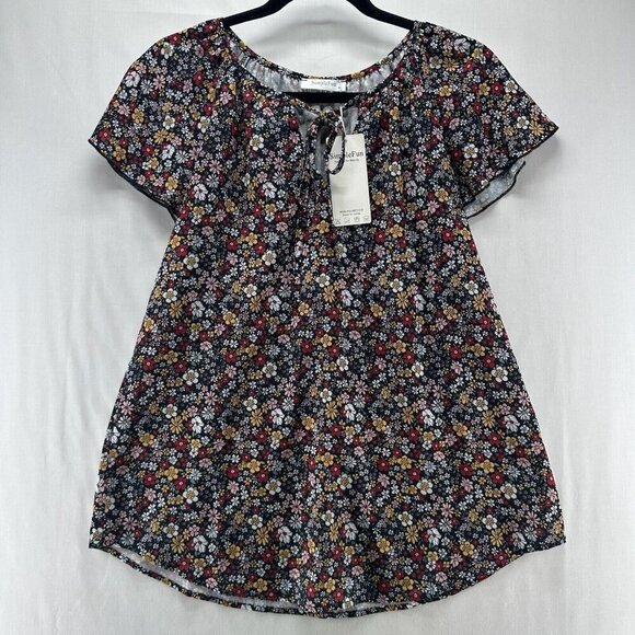 Simple Fun Tunic Size M Peasant Floral Blouse  Tie Neck Flare Sleeve Multicolor - Picture 1 of 11